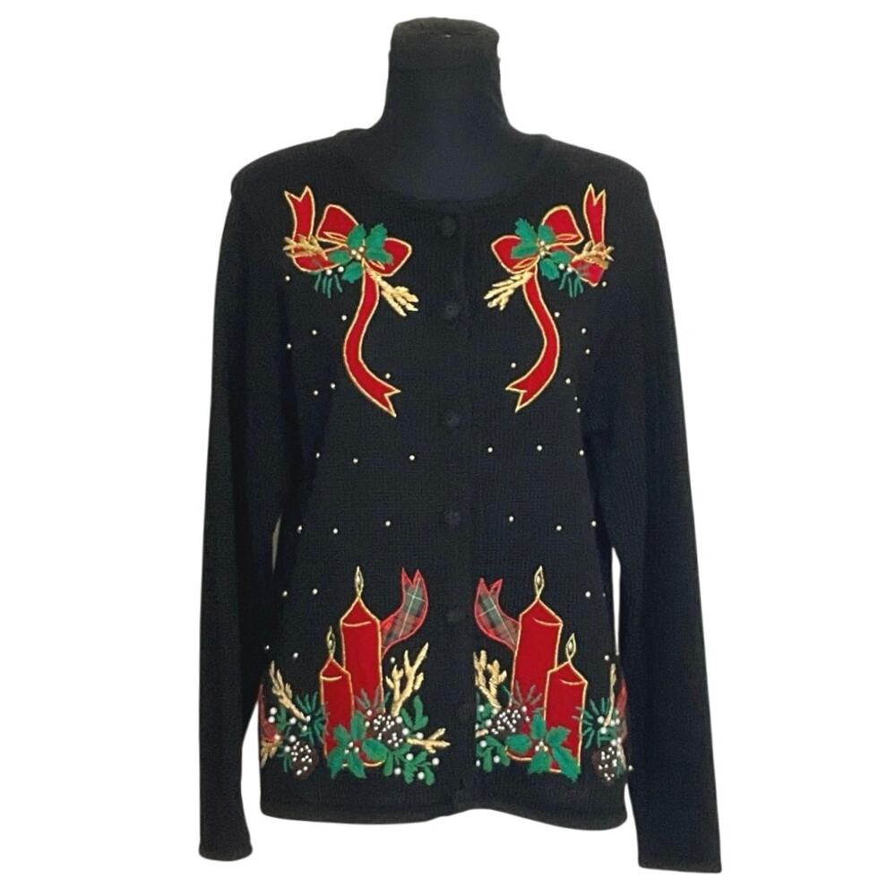 Victoria Jones Womens S Black Red Christmas Cardigan Embroidered Holiday Vintage